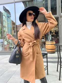 Brązowy Płaszcz z Paskiem 6892-137-C|Modna Kiecka Online