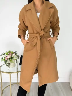 Brązowy Płaszcz z Paskiem 6892-137-C|Modna Kiecka Online