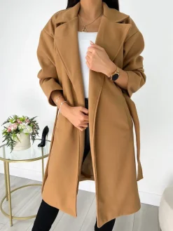 Brązowy Płaszcz z Paskiem 6892-137-C|Modna Kiecka Online