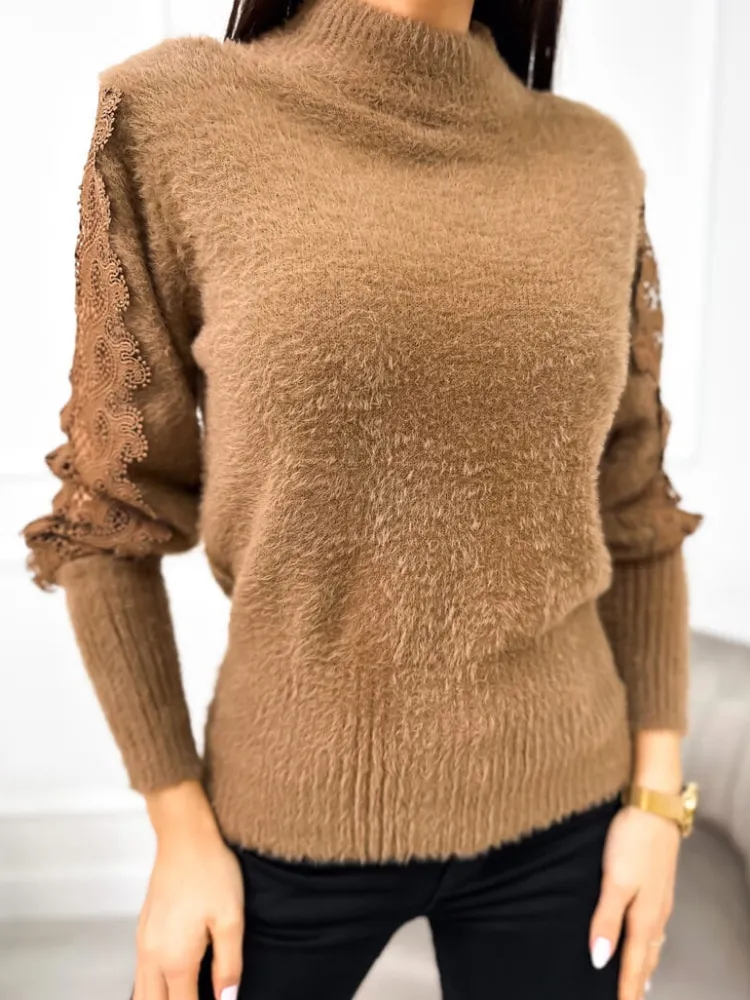 Brązowy Pluszowy Sweter z Półgolfem 11059-510-B|Modna Kiecka New