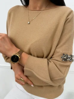 Brązowy Sweterek z Ozdobnym Rękawem 13443-199-C|Modna Kiecka Outlet