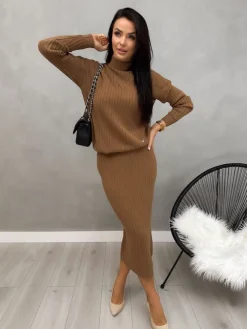 Brązowy Sweterkowy Komplet ze Spódnicą 13206-247-C|Modna Kiecka Outlet