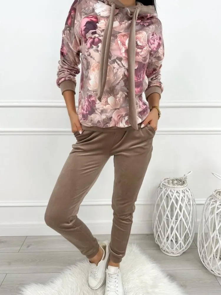 Brązowy Welurowy Komplet z Motywem Kwiatowym 13434-62 13434-62-Q|Modna Kiecka Best