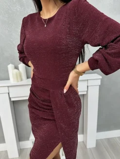 Burgundowa Połyskująca Sukienka 13354-145-D|Modna Kiecka Hot
