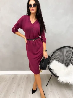 Burgundowa Sweterkowa Sukienka z Dekoltem V 12923-101-G|Modna Kiecka Hot