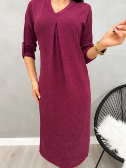 Burgundowa Sweterkowa Sukienka z Dekoltem V 12923-101-G|Modna Kiecka Hot