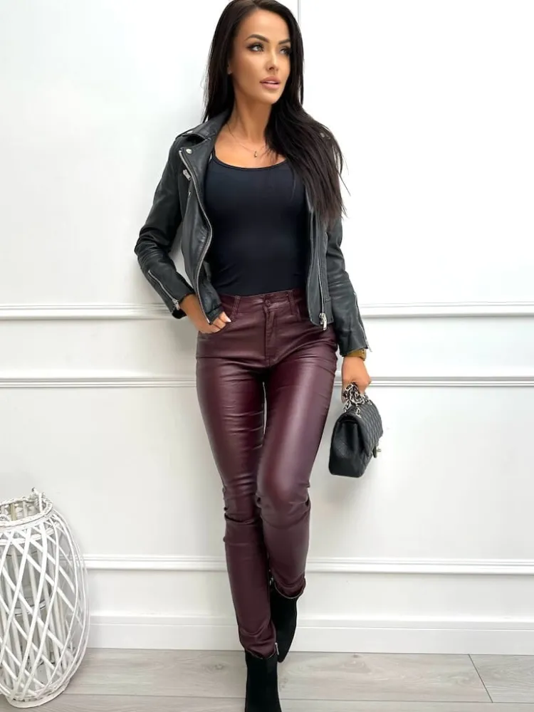 Burgundowe Woskowane Spodnie 13372-02-Q|Modna Kiecka Online