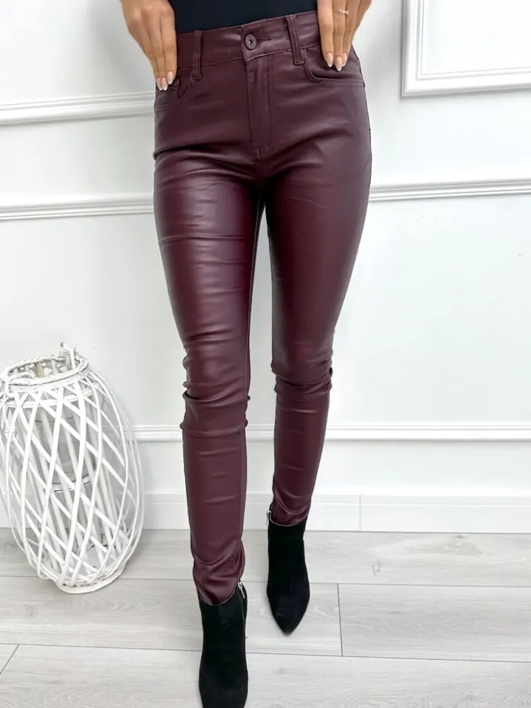 Burgundowe Woskowane Spodnie 13372-02-Q|Modna Kiecka Online