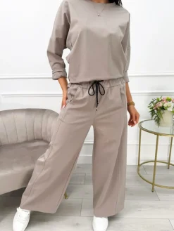 Cappuccino Komplet Bluzka + Spodnie z Szeroką Nogawką 13558-98-A|Modna Kiecka Fashion