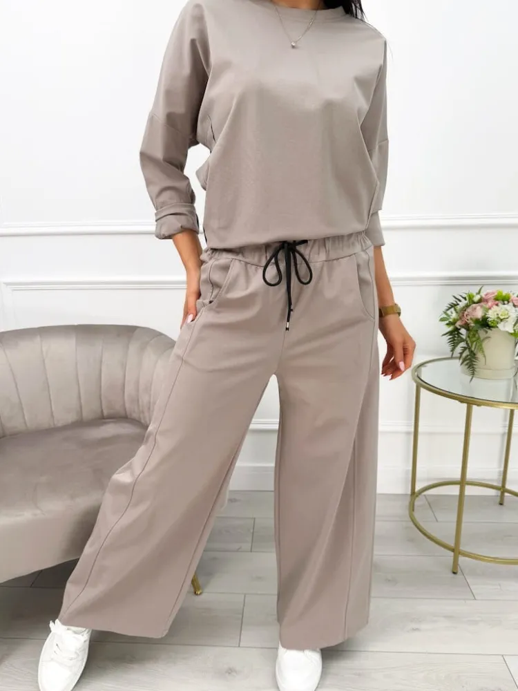 Cappuccino Komplet Bluzka + Spodnie z Szeroką Nogawką 13558-98-A|Modna Kiecka Fashion