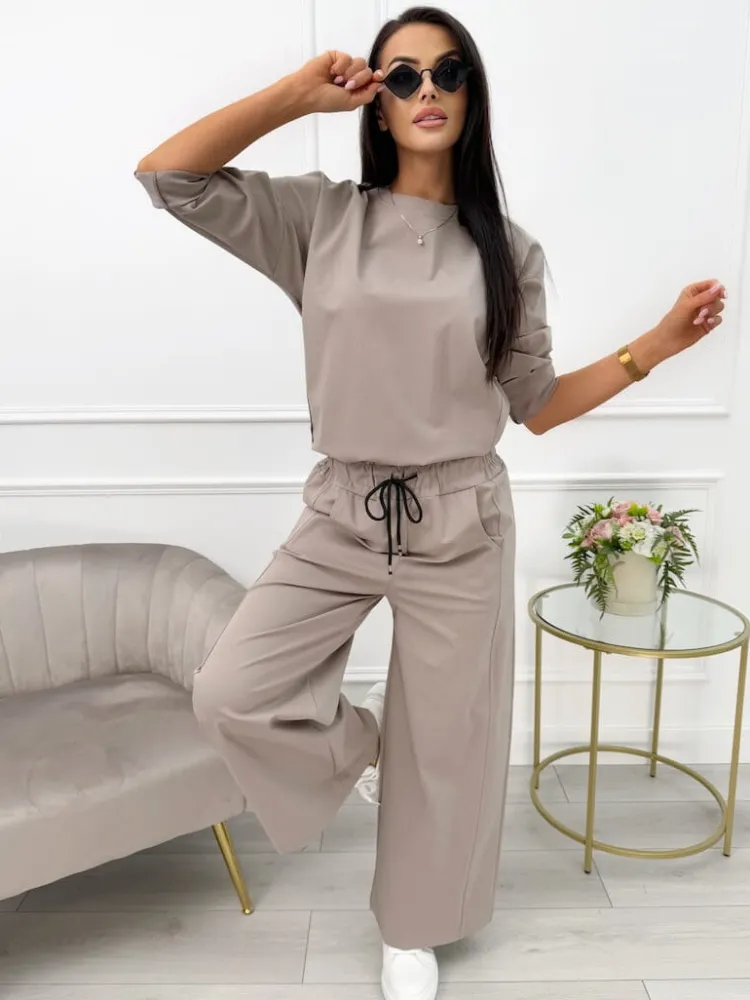 Cappuccino Komplet Bluzka + Spodnie z Szeroką Nogawką 13558-98-A|Modna Kiecka Fashion