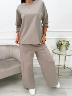 Cappuccino Komplet Bluzka + Spodnie z Szeroką Nogawką 13558-98-A|Modna Kiecka Fashion
