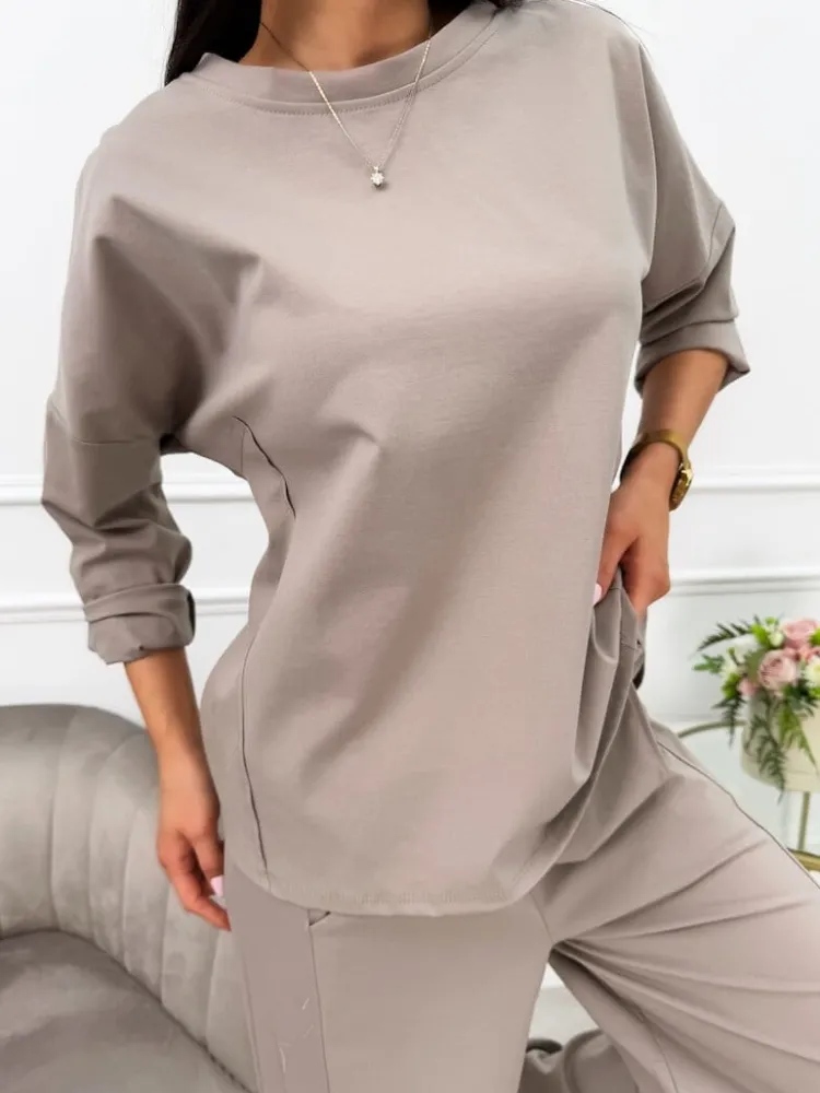 Cappuccino Komplet Bluzka + Spodnie z Szeroką Nogawką 13558-98-A|Modna Kiecka Fashion