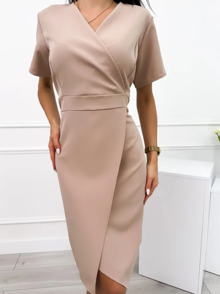 Cappuccino Sukienka z Kopertowym Dekoltem 12127-16-I|Modna Kiecka Fashion