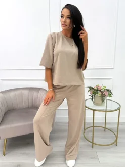 Ciemnobeżowy Komplet T-shirt Oversize + Spodnie 13789-174-F|Modna Kiecka Best