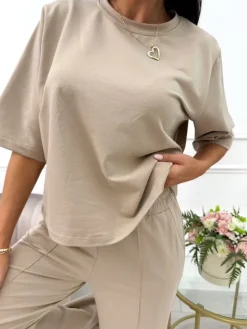 Ciemnobeżowy Komplet T-shirt Oversize + Spodnie 13789-174-F|Modna Kiecka Best