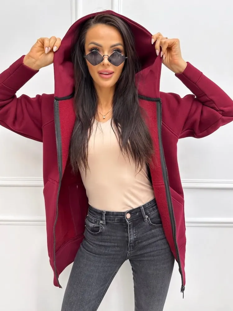 Ciemnobordowa Bluza Oversize z Kapturem 9371-285-R|Modna Kiecka Hot