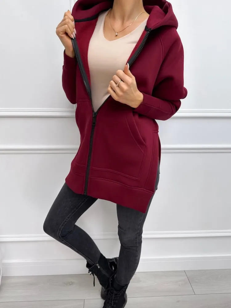 Ciemnobordowa Bluza Oversize z Kapturem 9371-285-R|Modna Kiecka Hot