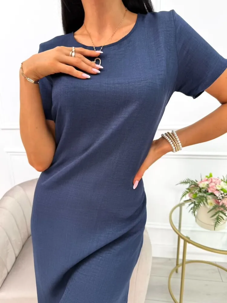 Ciemnogranatowa Lniana Sukienka 14091-285-B|Modna Kiecka Discount