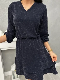 Ciemnogranatowa Połyskująca Sukienka z Falbanką 13337-14-G|Modna Kiecka Sale