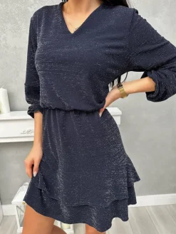 Ciemnogranatowa Połyskująca Sukienka z Falbanką 13337-14-G|Modna Kiecka Sale