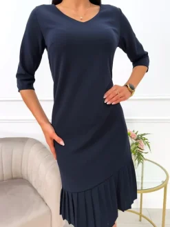 Ciemnogranatowa Sukienka z Plisowaną Falbanką 11390-416-R|Modna Kiecka Discount