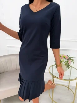 Ciemnogranatowa Sukienka z Plisowaną Falbanką 11390-416-R|Modna Kiecka Discount