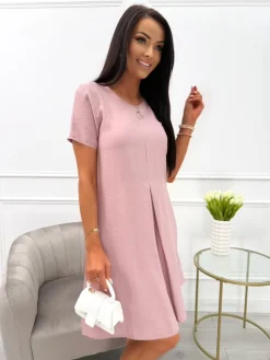 Ciemnopudrowa Sukienka z Kieszeniami 13969-336-D|Modna Kiecka Outlet