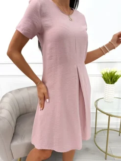 Ciemnopudrowa Sukienka z Kieszeniami 13969-336-D|Modna Kiecka Outlet