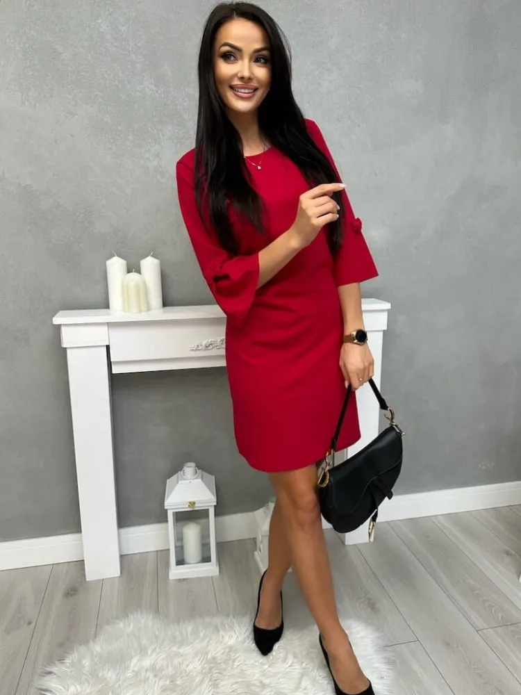 Ciemnoróżowa Sukienka z Ozdobnym Rękawkiem 11420-504-G|Modna Kiecka Outlet
