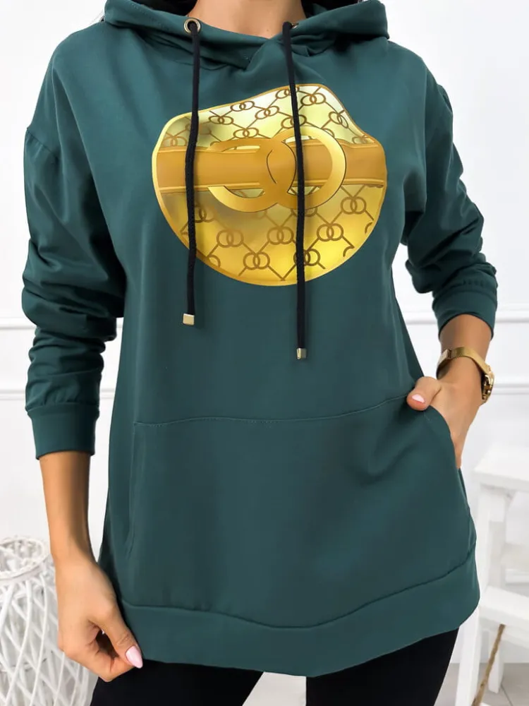 Ciemnozielona Bluza z Kapturem i Aplikacją 12914-514-B|Modna Kiecka Clearance
