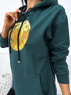 Ciemnozielona Bluza z Kapturem i Aplikacją 12914-514-B|Modna Kiecka Clearance