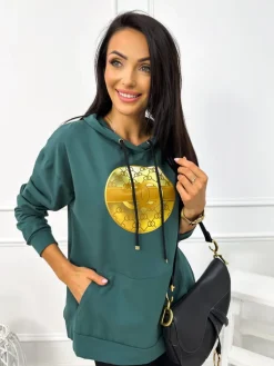 Ciemnozielona Bluza z Kapturem i Aplikacją 12914-514-B|Modna Kiecka Clearance
