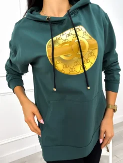Ciemnozielona Bluza z Kapturem i Aplikacją 12914-514-B|Modna Kiecka Clearance