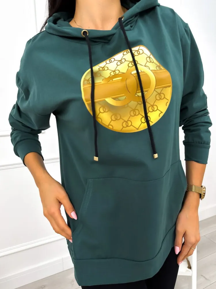 Ciemnozielona Bluza z Kapturem i Aplikacją 12914-514-B|Modna Kiecka Clearance