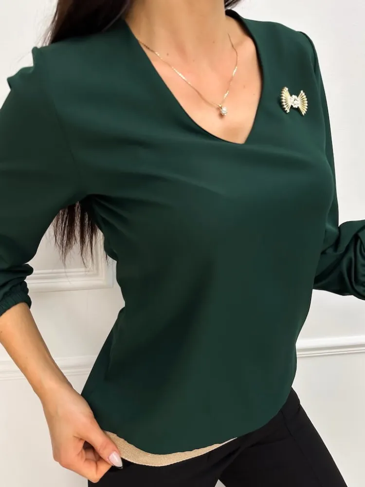 Ciemnozielona Bluzka z Ozdobą 11268-75-E|Modna Kiecka Online