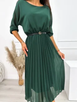 Ciemnozielona Plisowana Sukienka z Paskiem 11651-57-B|Modna Kiecka Discount