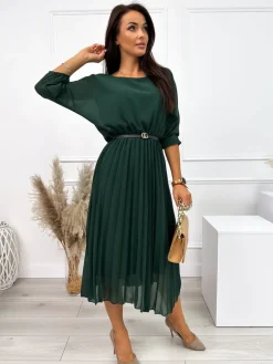 Ciemnozielona Plisowana Sukienka z Paskiem 11651-57-B|Modna Kiecka Discount