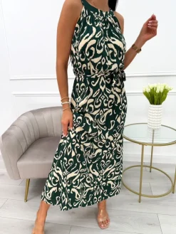 Ciemnozielona Sukienka Maxi w Beżowy Wzór z Paskiem 14019-233-B|Modna Kiecka Discount