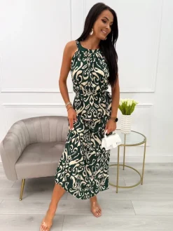 Ciemnozielona Sukienka Maxi w Beżowy Wzór z Paskiem 14019-233-B|Modna Kiecka Discount