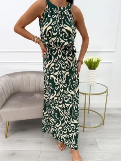 Ciemnozielona Sukienka Maxi w Beżowy Wzór z Paskiem 14019-233-B|Modna Kiecka Discount