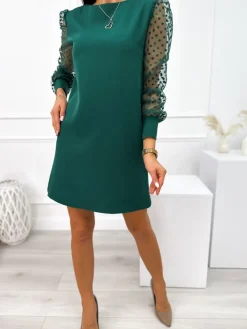 Ciemnozielona Sukienka z Ozdobnym Rękawem 11054-227-A|Modna Kiecka Discount