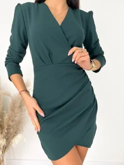 Ciemnozielona Sukienka z Kopertowym Dekoltem 9268-145-D|Modna Kiecka Fashion