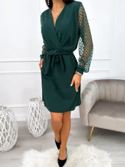 Ciemnozielona Sukienka z Ozdobnym Rękawem 11083-229-C|Modna Kiecka Discount