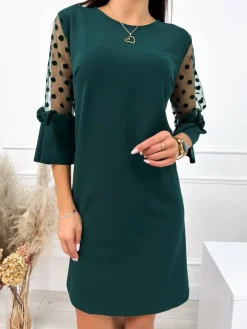Ciemnozielona Sukienka z Ozdobnym Rękawem 10951-274-B|Modna Kiecka Sale