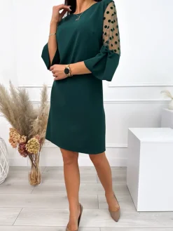 Ciemnozielona Sukienka z Ozdobnym Rękawem 10951-274-B|Modna Kiecka Sale