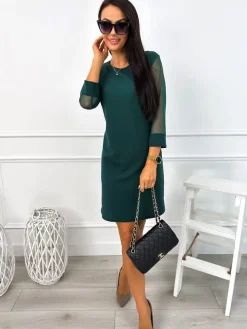 Ciemnozielona Sukienka z Ozdobnym Rękawem 12809-85-A|Modna Kiecka Hot