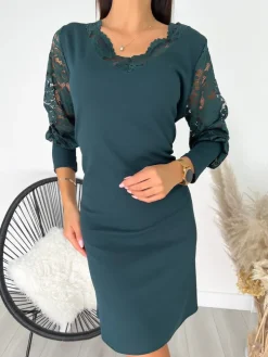 Ciemnozielona Sukienka z Koronką 11450-511-C|Modna Kiecka Outlet