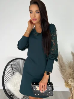 Ciemnozielona Sukienka z Koronką 11450-511-C|Modna Kiecka Outlet