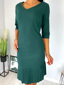 Ciemnozielona Sukienka z Plisowaną Falbanką 11390-416-C|Modna Kiecka Online